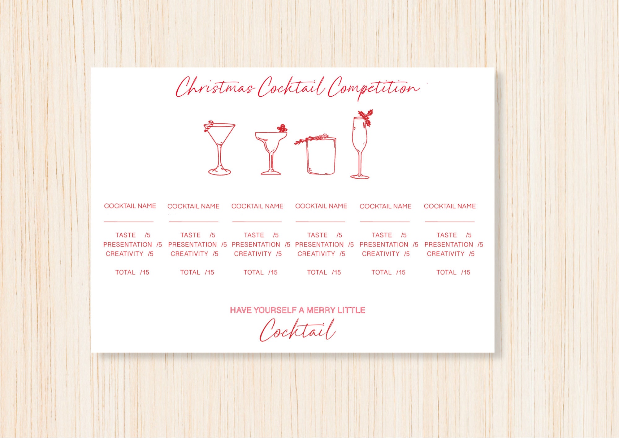 CHRISTMAS COCKTAIL Competition Score Card Etsy Australia