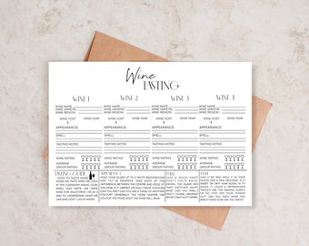 May include: A printable wine tasting sheet with four columns for different wines. Each column has spaces to record the wine name, varietal, region, cost, year, appearance, smell, tasting notes, and a wine glass rating system.