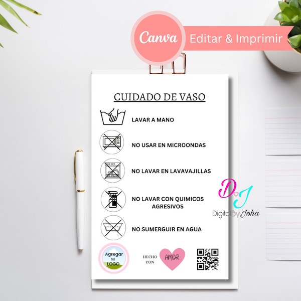 Cuidado de Vaso, Tumbler Care In Spanish, Eidtable Cuidado de Vaso, Tumbler Care Card in Spanish, Tumbler Instructions, Care Card in Spanish