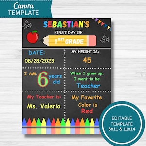 Editable Colorful First Day of School Chalkboard Sign, Reusable First Day of School Sign,