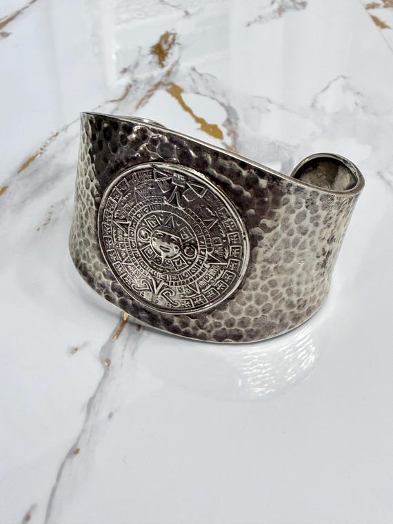 Vintage Mexican Sterling Silver Aztec Sun Calendar Hammered Cuff Bracelet