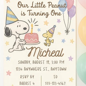 Puede incluir: Una invitación de cumpleaños con Snoopy y Woodstock con el texto "Our Little Peanut is Turning One." La invitación incluye el nombre "Micheal", fecha, hora, dirección, RSVP y número de teléfono.