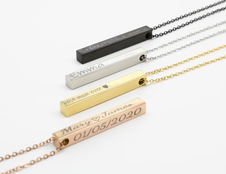 Customise Name Bar Necklace, Personalized Engraving, 3D Vertical Bar Necklace, Custom Engraved, Rectangle Bar Necklace, Valentines Day, Gift image 1