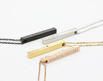 Collier barre verticale, collier 4 faces gravé personnalisé, cadeau pour femme, cadeau pour homme, collier barre 3D, collier coordonné, Saint-Valentin
