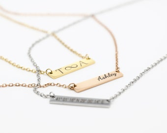 Personalized Bar, Name Necklace, Rose Gold Silver Necklace, Custom Engraved Necklace, Coordinates Necklace, Gift Necklace, Valentines day