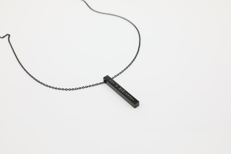 Customise Name Bar Necklace, Personalized Engraving, 3D Vertical Bar Necklace, Custom Engraved, Rectangle Bar Necklace, Valentines Day, Gift Black 20" + 4"