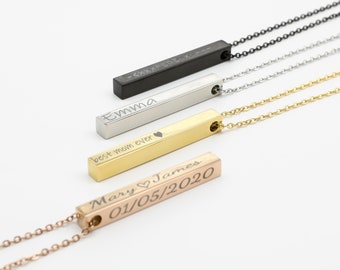 Collier 4 côtés gravé sur mesure, collier de barre verticale, cadeau pour femmes, cadeau pour hommes, collier de barre 3D, collier de coordonnées, Saint-Valentin