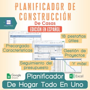 May include: A colorful graphic promoting a home construction planner in Spanish. The planner is available in Google Sheets and Excel formats. The graphic features a spreadsheet with the text "Precargado Características" and "Seguimiento del presupuesto". The graphic also includes the text "Planificador de Construcción de Casas Edición en Español", "18 pestañas útiles", "Gestión de Proyectos", and "Y más!"