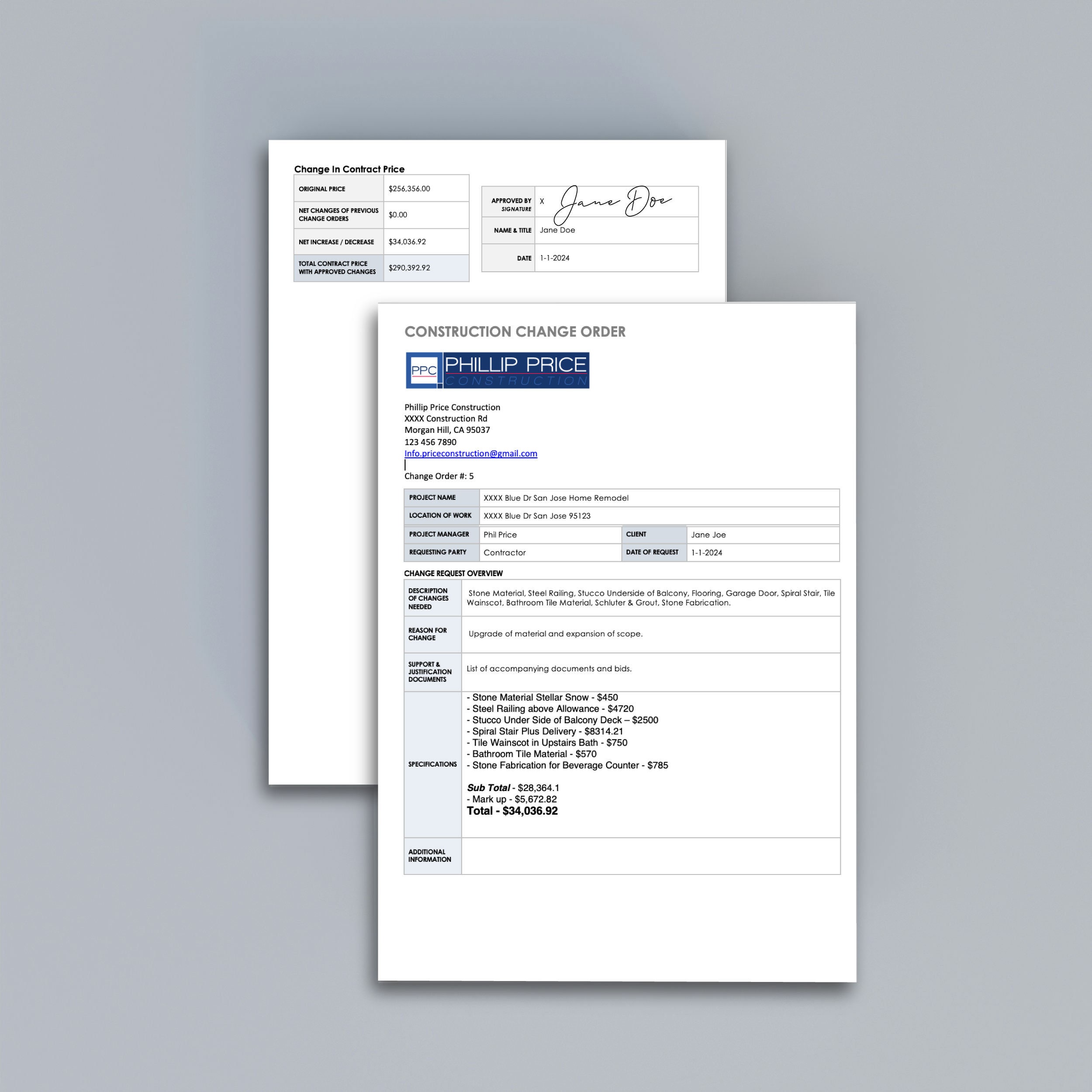 Home Construction Change Order Template, Contractor Project Management ...