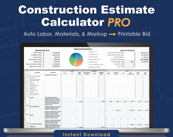 Puede incluir: Una pantalla de portátil muestra una calculadora de estimación de construcción. El título dice "Construction Estimate Calculator PRO" con opciones para mano de obra, materiales y margen. La imagen incluye un gráfico circular y datos financieros. El texto dice "Descarga instantánea".