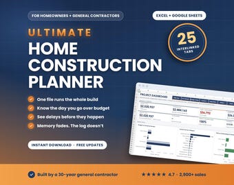 May include: A digital home construction planner template for Excel and Google Sheets. The graphic features the text Ultimate Home Construction Planner, 25 interlinked tabs, and a project dashboard preview with financial charts and data.