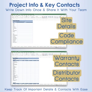 Puede incluir: Una captura de pantalla de un programa de hoja de c&aacute;lculo con un encabezado azul que dice "Project Info & Key Contacts". La hoja de c&aacute;lculo est&aacute; dividida en dos secciones: "Project Information" y "Key Contacts". La hoja de c&aacute;lculo se utiliza para realizar un seguimiento de los detalles importantes y los contactos de un proyecto.