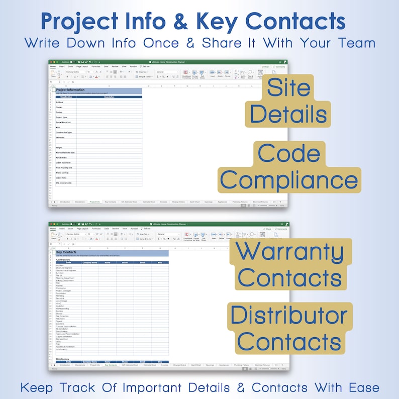 Puede incluir: Una captura de pantalla de un programa de hoja de c&aacute;lculo con un encabezado azul que dice "Project Info & Key Contacts". La hoja de c&aacute;lculo est&aacute; dividida en dos secciones: "Project Information" y "Key Contacts". La hoja de c&aacute;lculo se utiliza para realizar un seguimiento de los detalles importantes y los contactos de un proyecto.