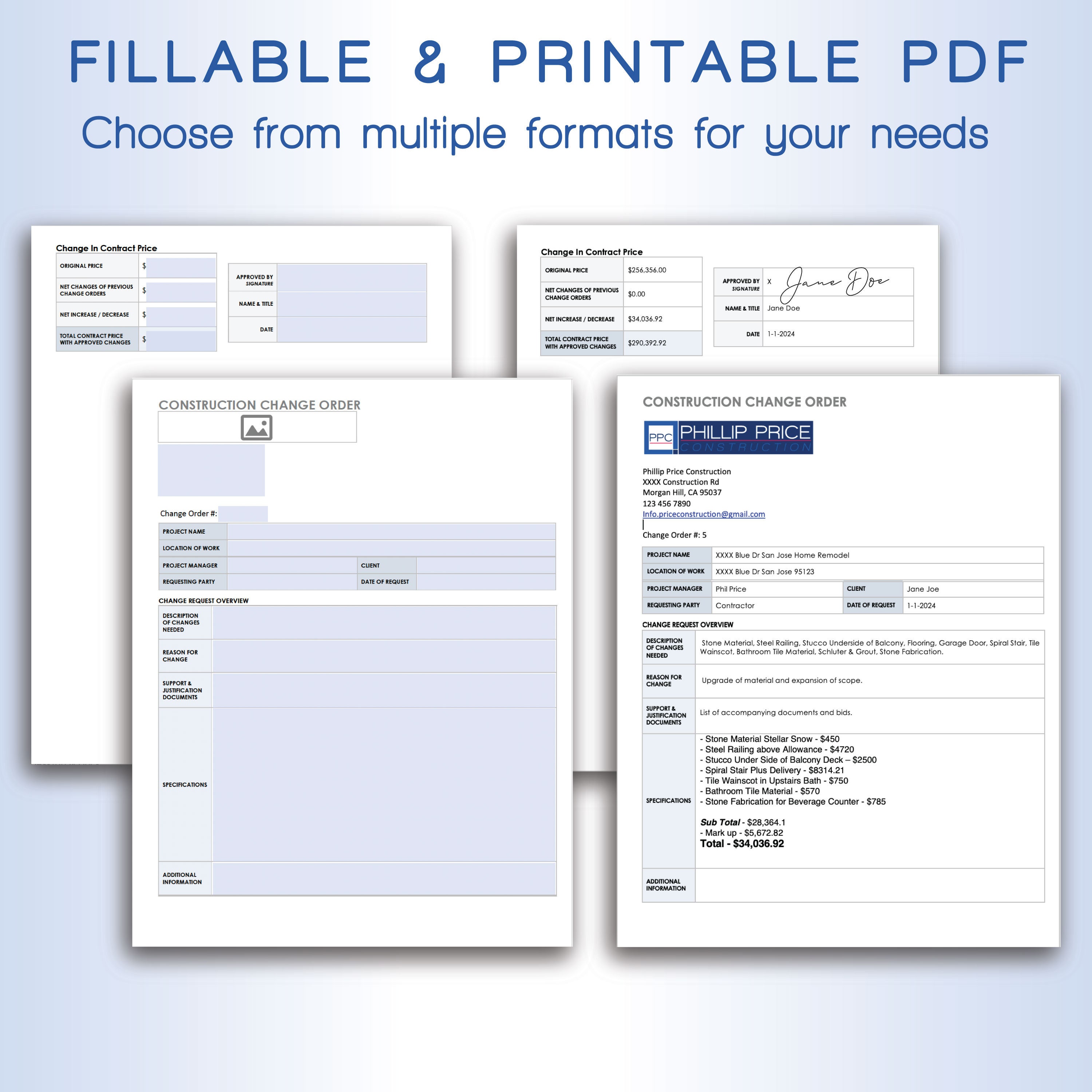 Home Construction Change Order Template, Contractor Project Management ...