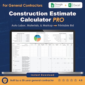 Contractor Estimate Spreadsheet — Excel Construction Bid Calculator with Auto Labor, Materials & Markup | Built by 30-Year GC
