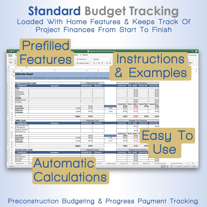 Puede incluir: Una captura de pantalla de un programa de hoja de c&aacute;lculo con el t&iacute;tulo "Standard Budget Tracking" y el texto "Caracter&iacute;sticas precargadas" y "C&aacute;lculos autom&aacute;ticos". La hoja de c&aacute;lculo est&aacute; dise&ntilde;ada para ayudar a realizar un seguimiento de los costos de construcci&oacute;n de viviendas y los pagos de progreso.