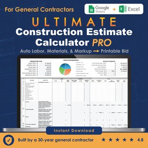 Contractor Estimate Spreadsheet — Excel Construction Bid Calculator with Auto Labor, Materials & Markup | Built by 30-Year GC