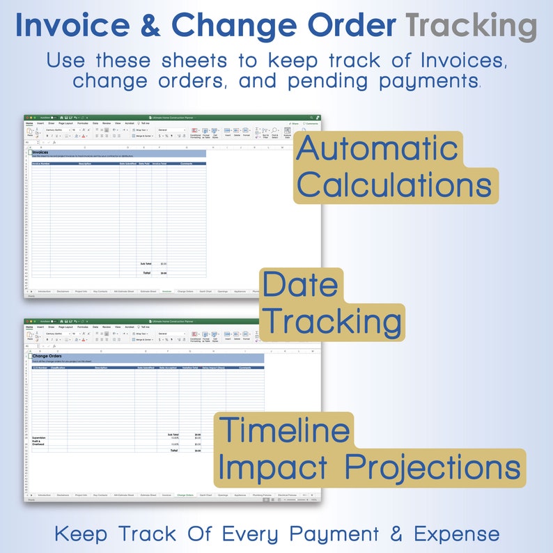 Puede incluir: Una captura de pantalla de una pantalla de computadora que muestra un programa de hoja de c&aacute;lculo con el t&iacute;tulo "Invoice & Change Order Tracking". La hoja de c&aacute;lculo est&aacute; dividida en dos secciones, una para facturas y otra para &oacute;rdenes de cambio. La hoja de c&aacute;lculo tiene columnas para fecha, descripci&oacute;n, cantidad y saldo. El texto "Automatic Calculations", "Date Tracking" y "Timeline Impact Projections" se muestra en la pantalla.