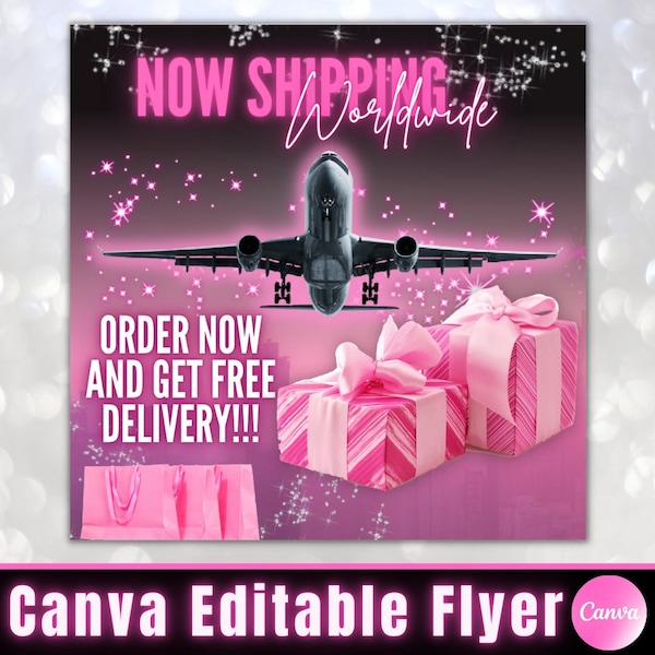 DIY WORLDWIDE SHIPPING flyer / Social Media Flyer / Instagram Post / Canva Template / Pink Glitter / Order Shipped / International Shipping