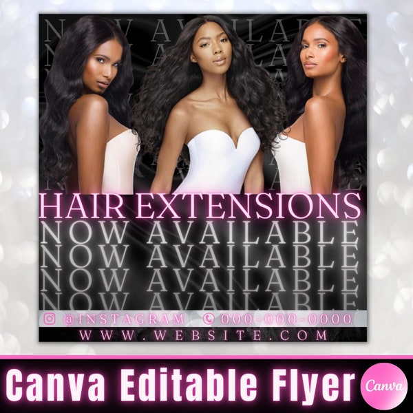 Hair Extension Now Available Flyer | Clip On Hair Extensions Tape Ins Braided Weft DIY Hairstylist Canva Editable Template Instagram Post