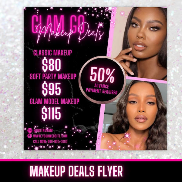 Printable Glam Go Makeup Special Deals Flyer, Custom Makeup Pricing Flyer, Book Now Templates, Canva Editable Templates, Instant Download
