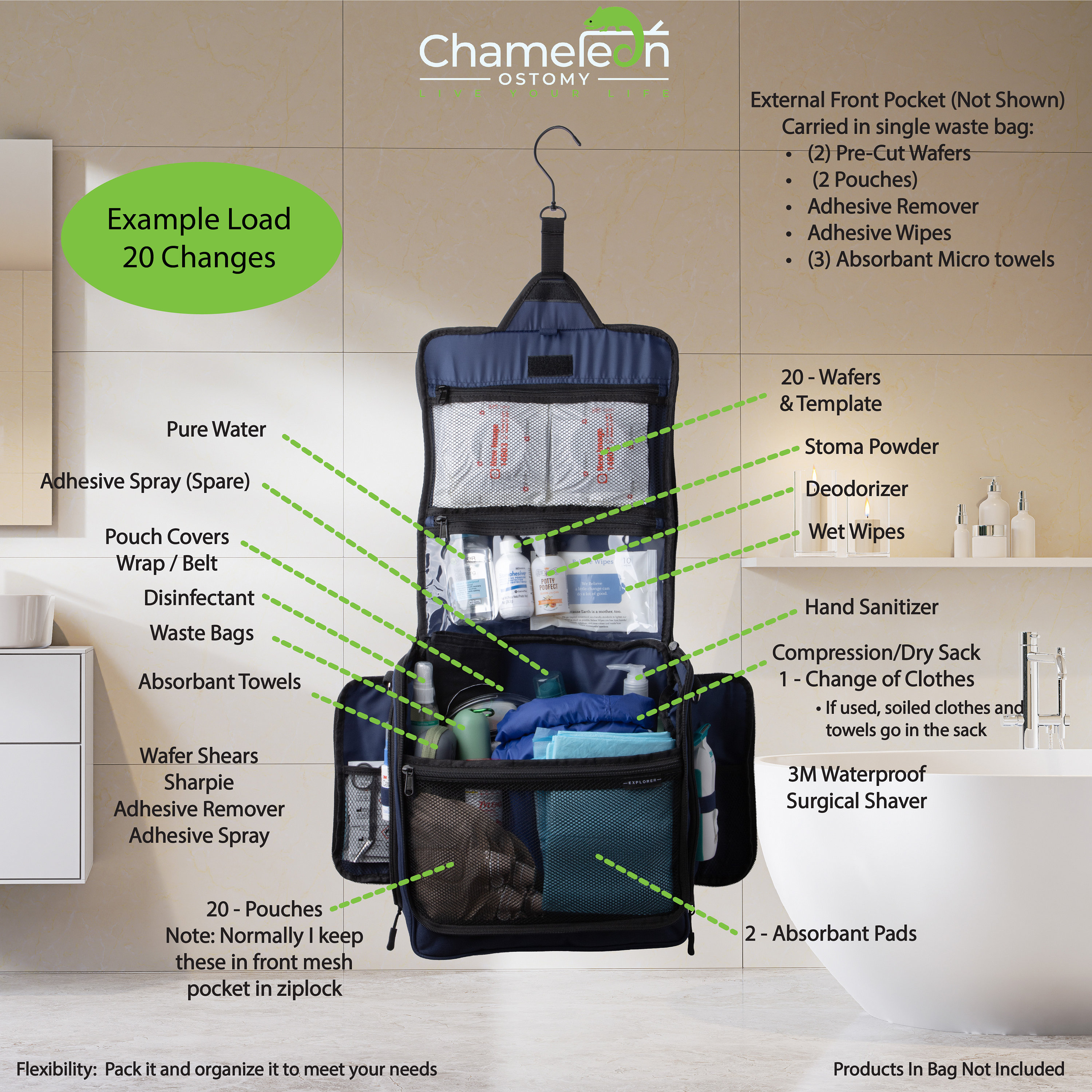 Explorer II Ostomy Travel Bag XL Hanging Toiletry Organizer, Ostomy