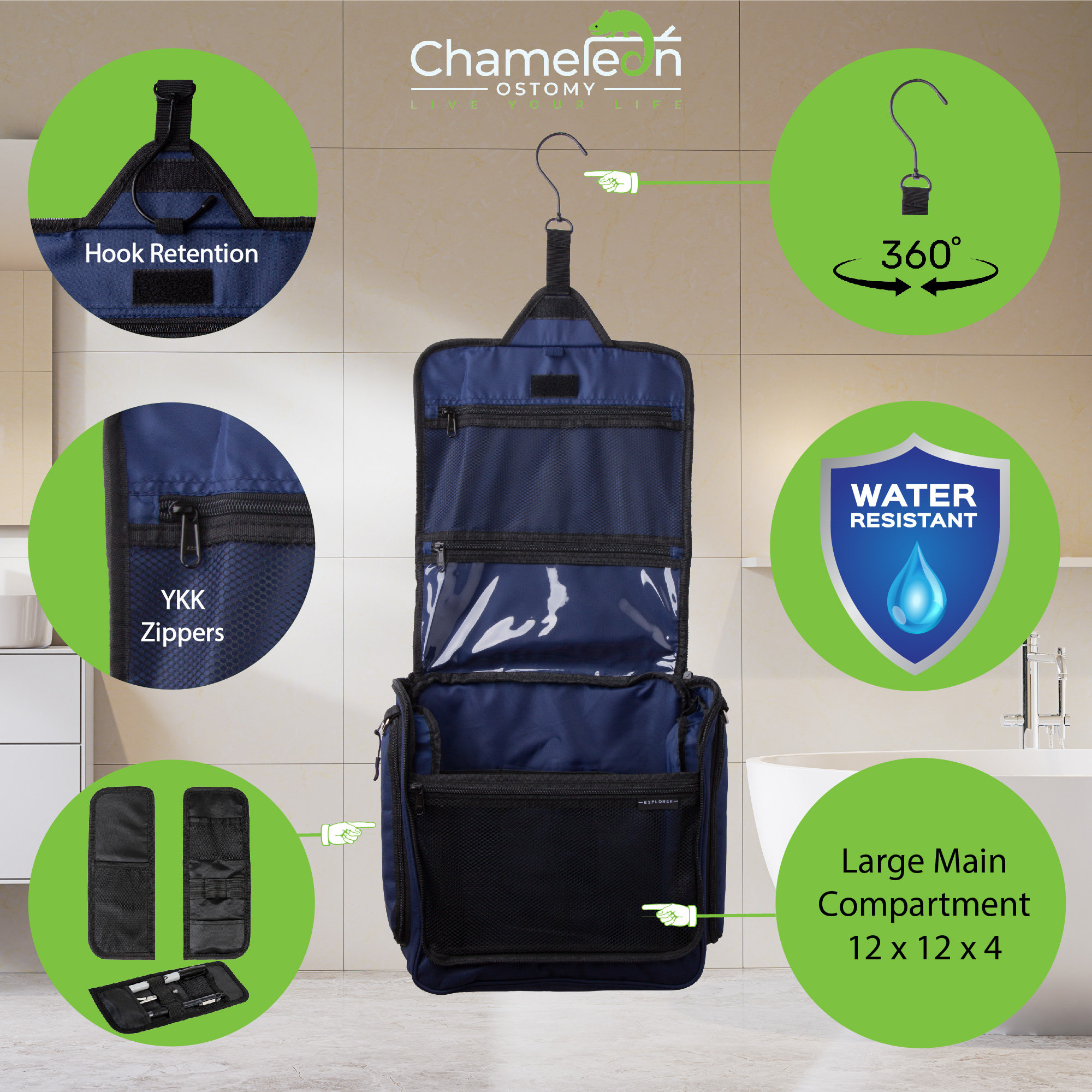 Explorer II Ostomy Travel Bag XL Hanging Toiletry Organizer, Ostomy