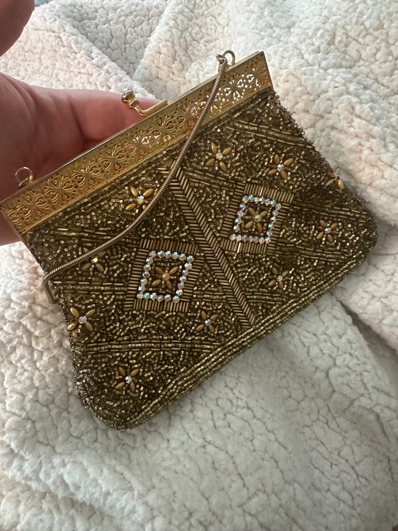 Vintage 1950’s Gold Beaded Crystal Bronze Purse Cl