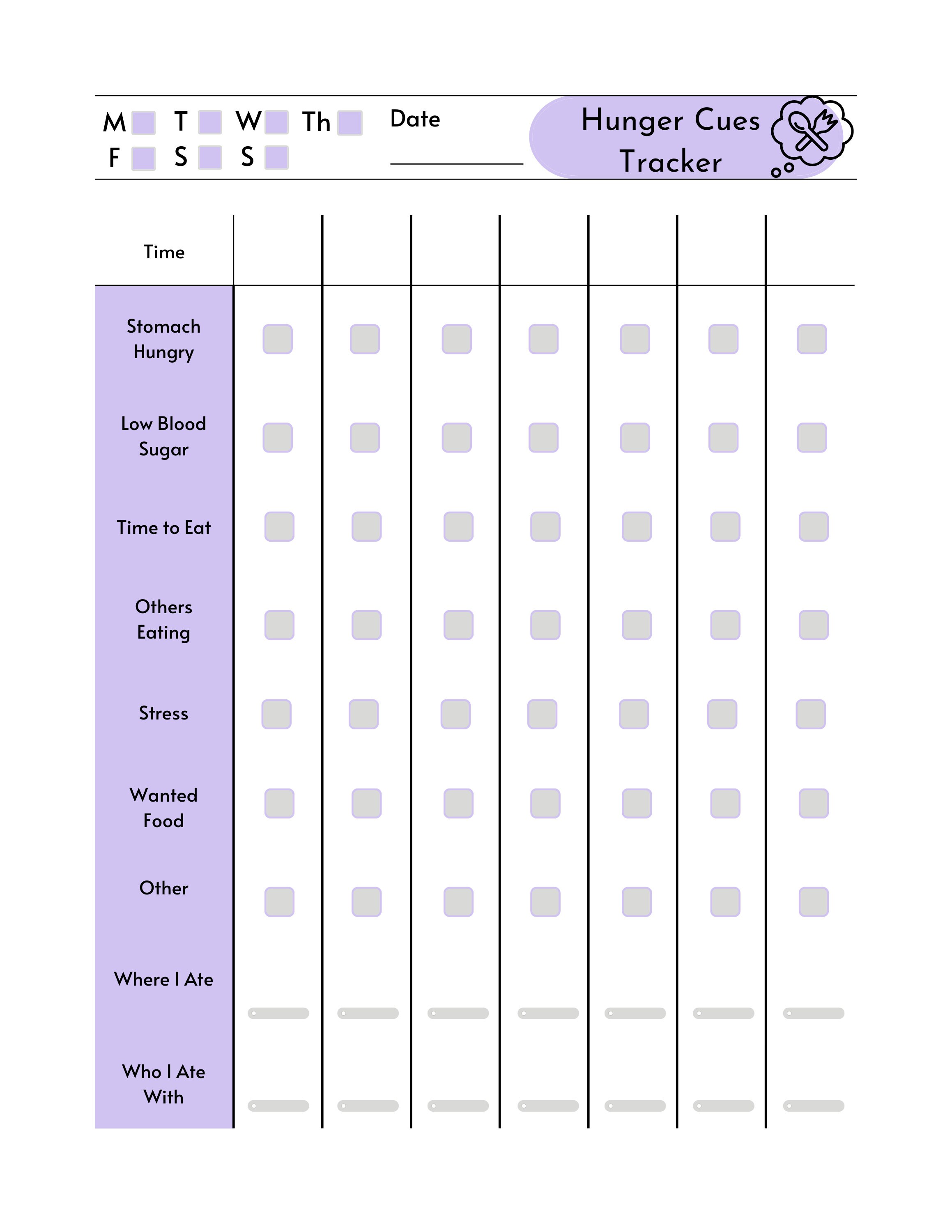 Printable PDF Hunger Cues Tracker For Habit Tracking And Mindful Eating 