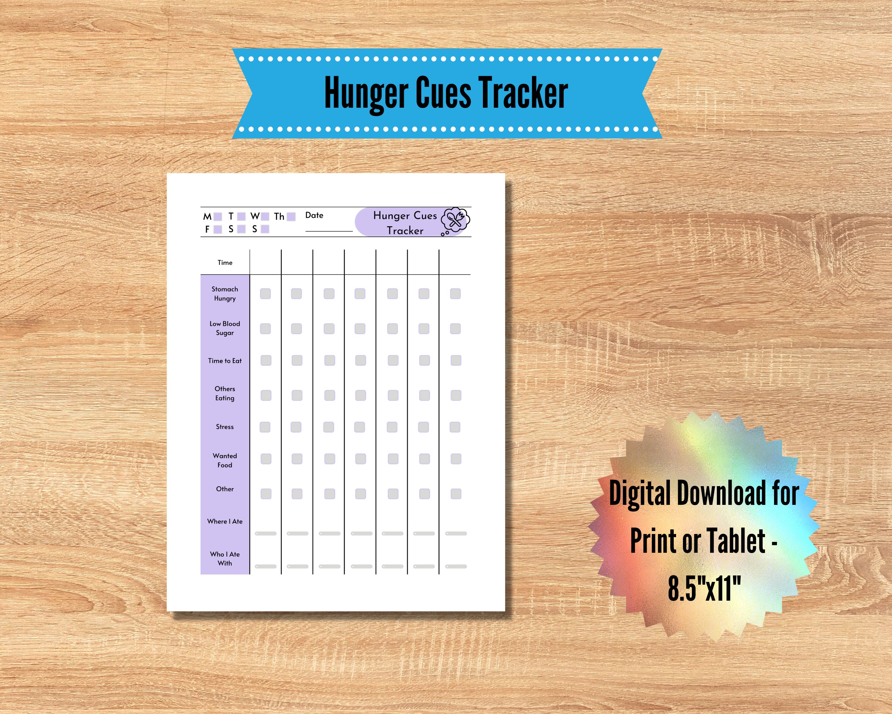 Printable PDF Hunger Cues Tracker For Habit Tracking And Mindful Eating 