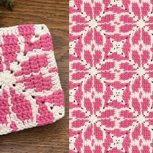May include: A square crochet motif featuring a geometric floral pattern in vibrant pink and off-white yarn. The design displays a central star-like shape radiating outward with intricate interlocking stitches, creating a repeating symmetrical texture.
