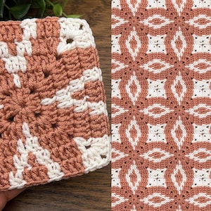 May include: A square, hand-crocheted coaster in terracotta and cream. The coaster has a geometric pattern with a central circular design and a repeating pattern. The yarn's texture is visible, highlighting the handcrafted nature of the item.