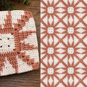 Könnte beinhalten: Ein quadratischer, handgefertigter Häkelartikel mit einem geometrischen Muster. Das Design zeigt ein zentrales Quadrat, das von strahlenförmigen Formen in Creme und einem gedämpften Rotbraun umgeben ist. Der Artikel wird in einer Hand gehalten.