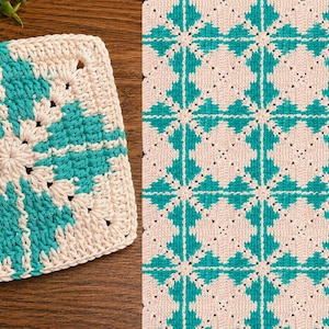 May include: A square, crocheted item with a teal and cream snowflake design. The item is held in a hand, and the pattern is repeated in a larger image to the right. The crochet work is detailed and the colors are vibrant.