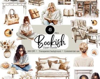 Clip Art Bundle for Book lover digital scrapbook images for book girl transparent background PNGs for junk journal instant download supplies