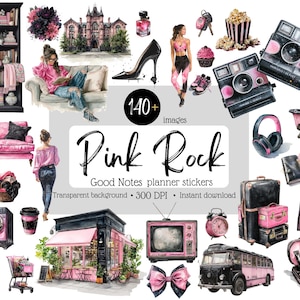 Könnte beinhalten: Aquarellillustrationen verschiedener Objekte, darunter ein rosa Sofa, ein schwarzer High Heel, eine Vintage-Kamera und ein rosa Bus. Der Text "Pink Rock" wird zusammen mit zusätzlichem Text für Planer-Aufkleber angezeigt.