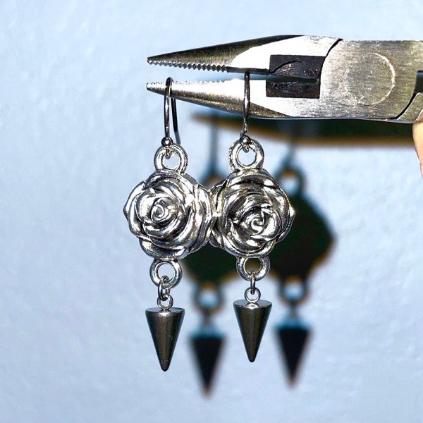 grungy rose and thorn earrings | titanium hooks | handmade | hypoallergenic
