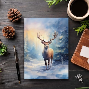 Reindeer Hardcover Lined Journal, Watercolor Christmas Notebook, Dreamy Forest Diary, Twinkling Star Planner, Whimsical Deer Notepad, AI Art