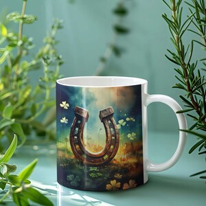 Lucky Horseshoe Ceramic Mug - Irish Clover Coffee Cup, Rustic Good Luck Gift, St. Patrick&#39;s Day Mug, 11oz & 15oz, Celtic Charm Drinkware