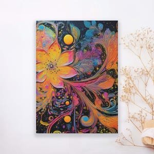 May include: Abstract art print featuring a vibrant yellow flower with swirling pink, blue, and orange patterns on a black background.