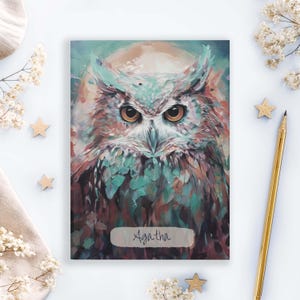Gepersonaliseerde uilendagboek - grillig vogelontwerp, aqua spiraal notitieboek, aangepast artistiek cadeau voor haar, blanco gelinieerd dagboek