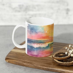 Kubek plażowy do kawy, ceramiczny kubek z falami oceanu, akwarelowy kubek do herbaty z zachodem słońca, nadmorskie naczynia do picia, prezent ze sztuką wschodu słońca, prezent dla miłośnika plaży, 11 uncji 15 uncji