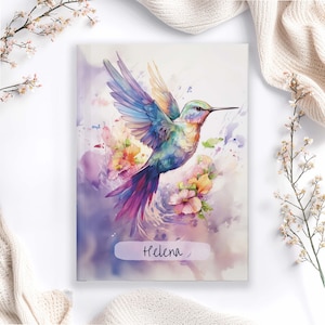 Gepersonaliseerde zelfzorgdagboek, kolibrie hardcover notitieboek, aquarel dankbaarheidsdagboek, aangepast cadeau voor Bird Watcher, Bullet Journal