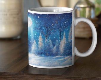 Winter Forest Scene Coffee Mug: Snowy Night AI Art Design