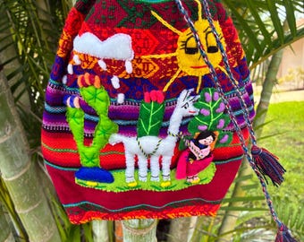 Vintage Handmade Peruvian Arpillera Mini Backpack - Llama & Cactus Design Handmade Inca Peruvian Knit Backpack Llama & Girl Design  main image 3
