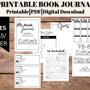 May include: A printable book journal with 35 pages, available in A4, A5, and Letter sizes. The journal includes pages for goals, a rating system, and a bookshelf design. The cover features the text "Book Journal".