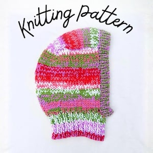 May include: A hand-knitted bonnet featuring a variegated yarn pattern in shades of pink, red, white, and green. The text Knitting Pattern is displayed in black script above the bonnet, which has a ribbed edge and a rounded shape.