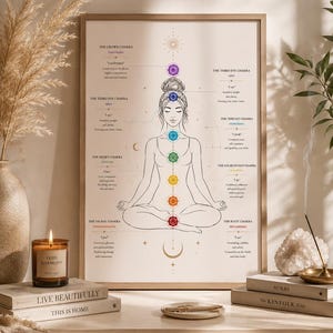 Peut inclure: Une affiche encadrée représentant un dessin au trait d'une personne en position de méditation assise. Sept symboles de chakra colorés sont alignés verticalement le long de la colonne vertébrale, avec leur nom et texte descriptif.