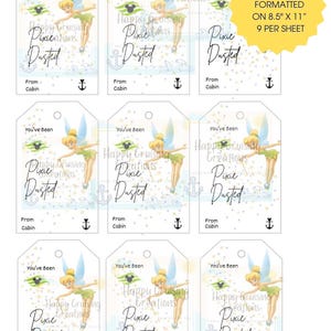 May include: A digital sheet of nine printable gift tags featuring a fairy illustration, the text You've Been Pixie Dusted, From Cabin, and an anchor icon. A yellow starburst graphic states DOWNLOADABLE PDF TAGS FORMATTED ON 8.5" X 11" 9 PER SHEET.