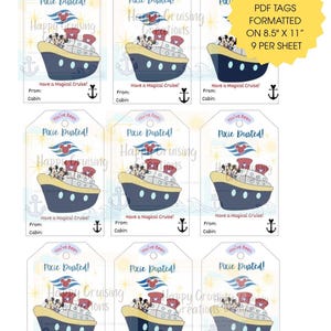 Op de afbeelding: Een vel met negen printbare cadeaulabels met een illustratie van een cruiseschip met stripfiguren, de tekst 'You've Been Pixie Dusted!', 'Have a Magical Cruise!', 'From:', 'Cabin:', en een geel sterlabel met de tekst 8.5" x 11".